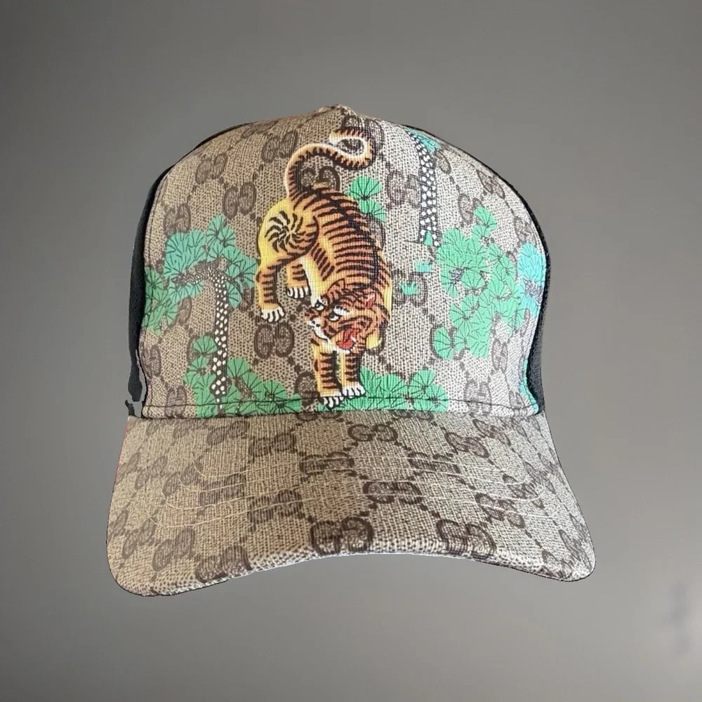 Gucci GG Monogram Tiger Print Mesh Back Baseball Cap Adjustable Beige Black